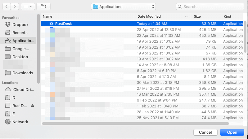 Fenêtre de sélection d'application avec RustDesk sélectionné dans Applications