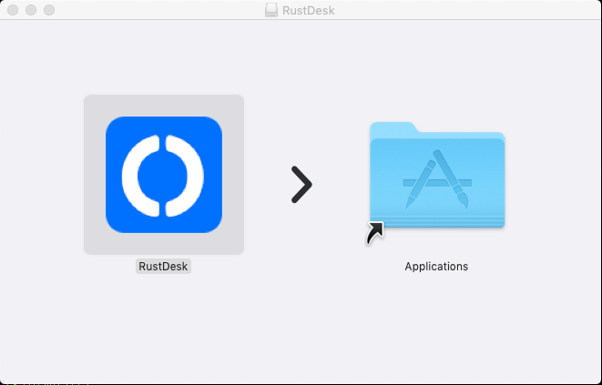 Fenêtre du DMG RustDesk avec flèche vers le dossier Applications