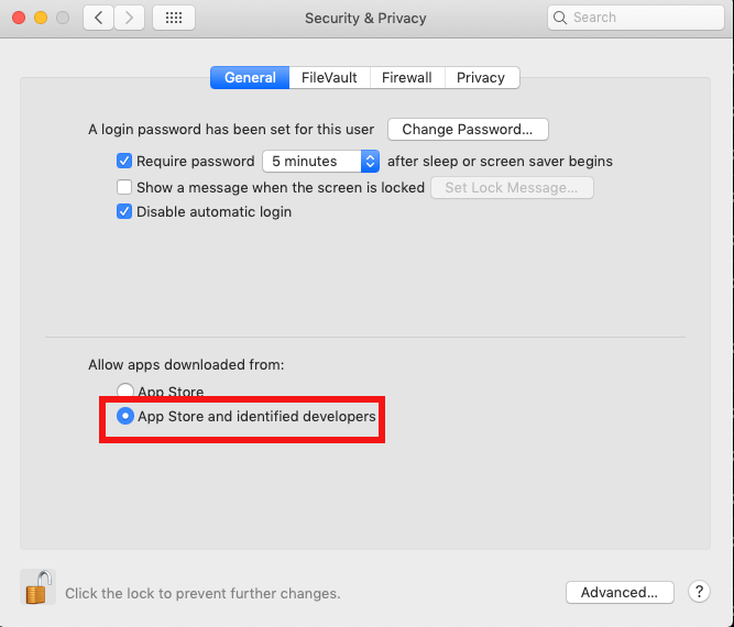 Option App Store and identified developers sélectionnée dans les réglages de sécurité macOS