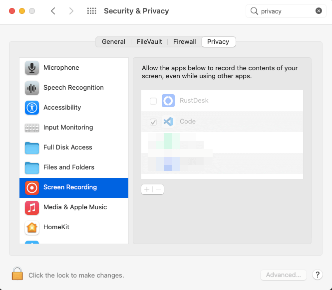Fenêtre Screen Recording avec RustDesk dans la liste